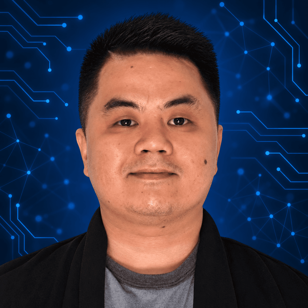 James Albert Mira against a dark blue technology-themed background
